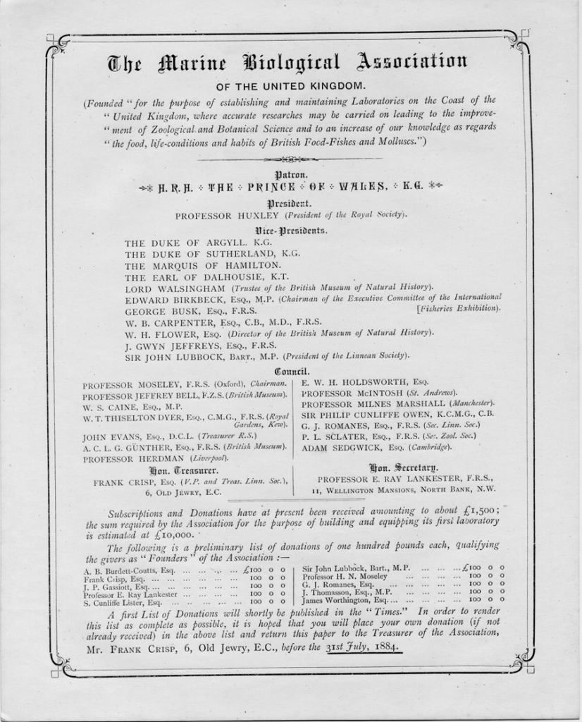 Document showing the founding of the Marine Biological Association in 1884.