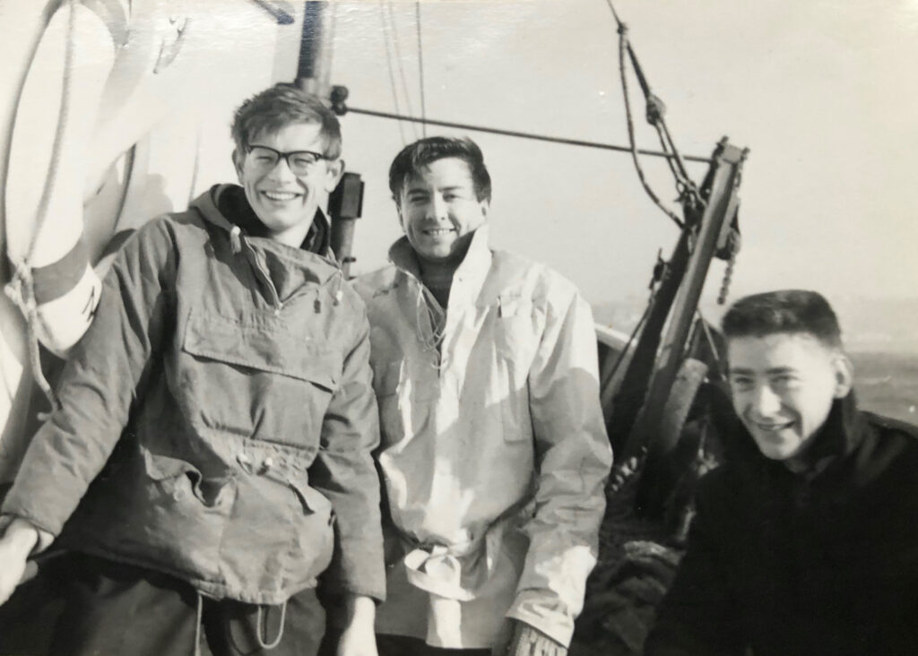 Aboard Sarsia during MBA Training for the Indian Ocean expedition 1963. Left to right: Graham Topping and Mike McCartney, National Institute of Oceanography (NIO) NIO and John Spencer CEGB. Photo contributed by MBA Member John Spencer